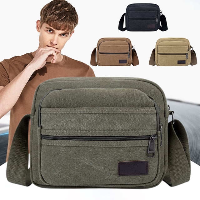 Bolso de lona para hombre en el pecho • Mochila cruzada • 24x20x7cm • Correa ajustable • Verde caqui marrón • Viajes y deportes