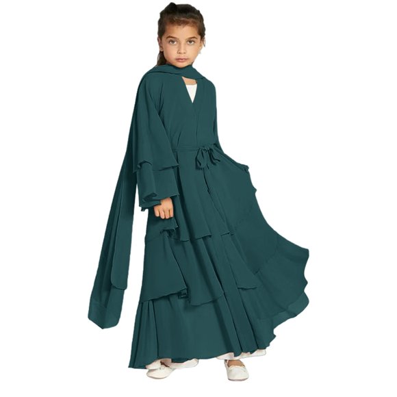 XQYLOS Girls Musli𝗆 Abaya Dress Hijab Chiffon Layered Kaftan Open Front Cardigan Prayer Wear Ramadan Mosqu𝖾 Islami𝖼 Modest Clothing