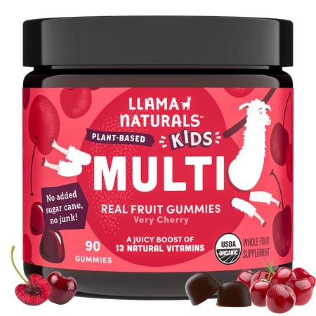Llama Naturals Kids Multivitamin Gummies, Vegan, Organic with Vitamin D, C & K, Toddler Real Fruit Gummy Vitamins, Chewable Supplement, Whole Food Multivitamin, No Added Sugar Cane, Cherry, 90 Ct