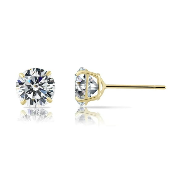 14k Yellow Gold Round White Sapphire CZ Stud Earrings - with Pushback Plated by Paris Jewelry