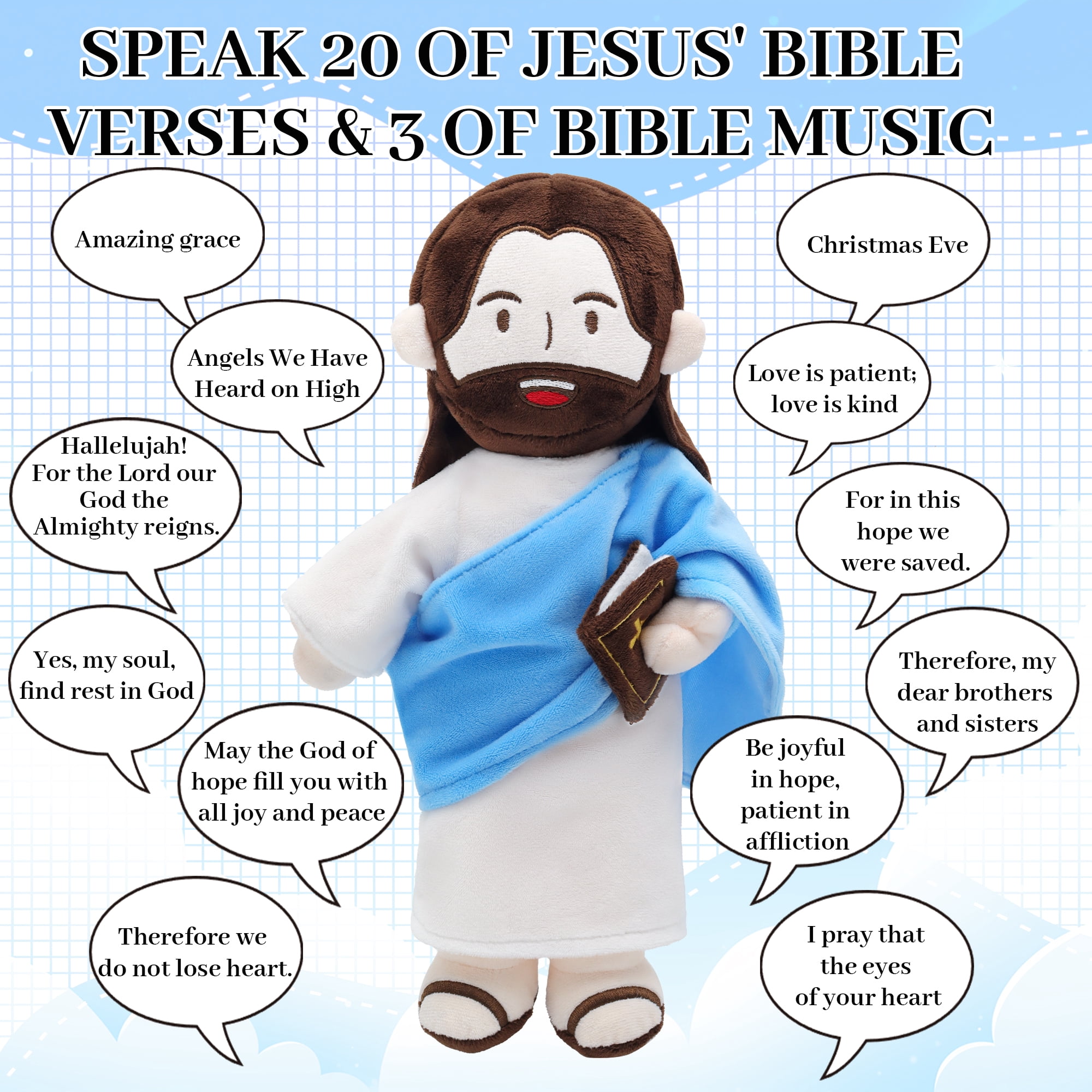 Jesus Plush Speaks 20 Of Jesus' Bible Verses And 3 Of Bible Music Jesus Doll Stuffed Animal To Teach Suitable For Church Sunday School Religious Easter-Blue