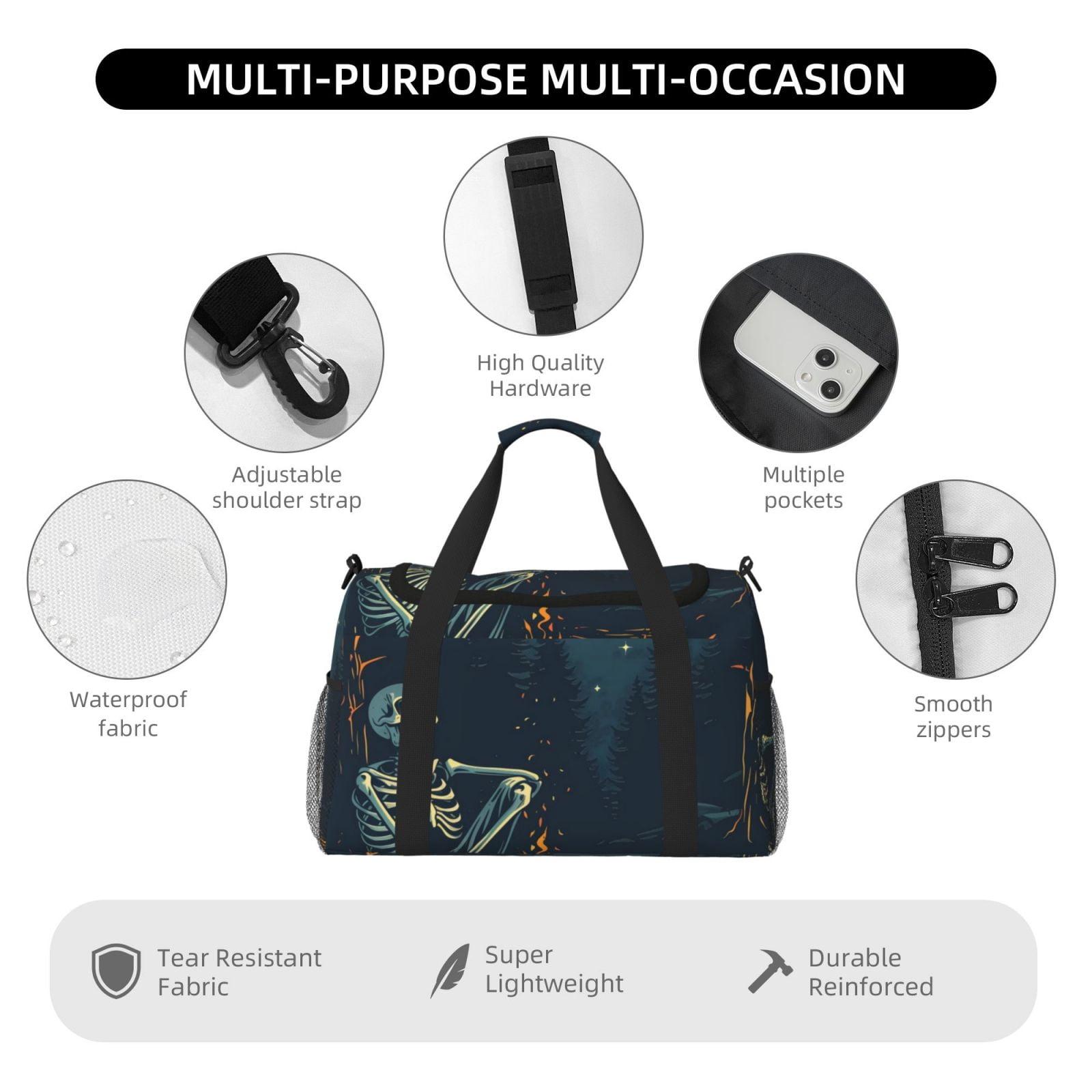 Fuzoiu Moonlit Skeleton Campfire Print Travel Duffle Bag,Carry On Tote Bags,Duffel Bag,Sport Gym Bag, Hospital Bag for Labor and Delivery, Overnight Bag,Luggage Bag