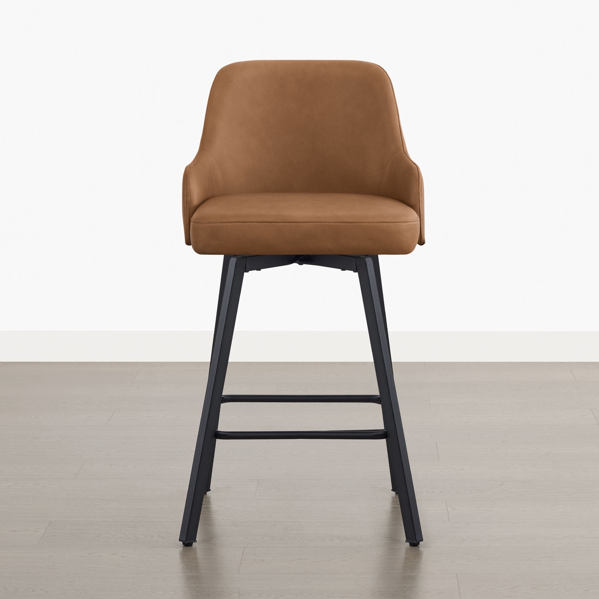 Spruce & Spring Swivel Counter Stools Set of 2, Modern Faux Leather Bar Stools with Back and Arms, Diamond Stitch Upholstered Kitchen Island Chairs, Matte Black Metal Legs, Counter Height, Brown