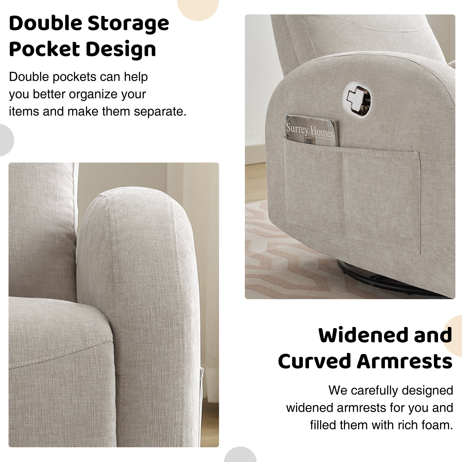 Aemeios Chenille Swivel Rocker Glider Manual Recliner Nursery Rocking Chair with Double Pockets, Camel