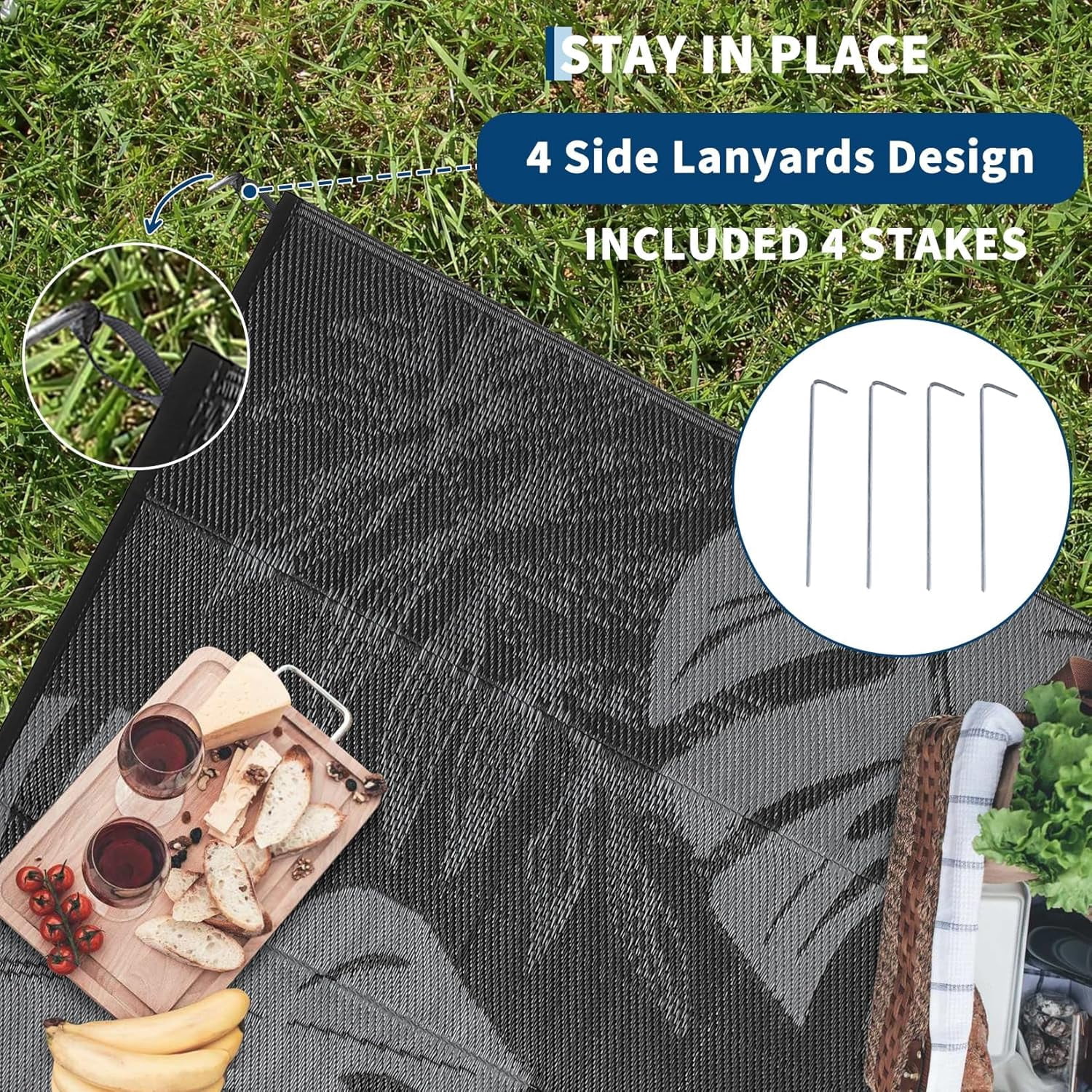 Funslane Outdoor Rug 8' x 10', Waterproof Plastic Straw Mat, Foldable & Reversible, Indoor Outdoor Rugs for Patio, Deck, RV, Beach, Picnic, Black/Gray