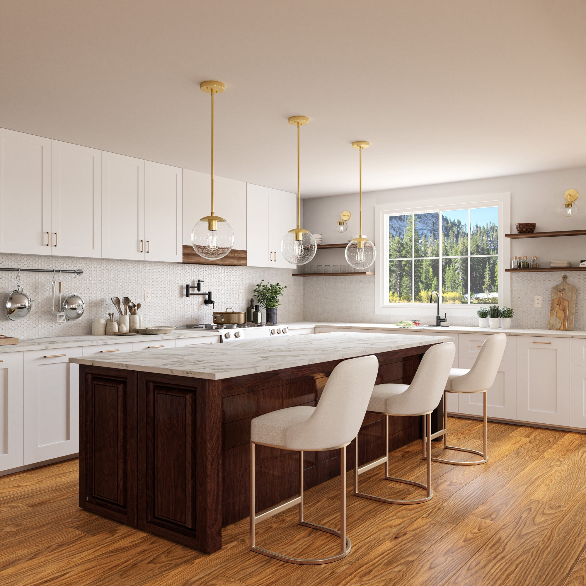 Satin Gold Modern Dimmable Pendant Light with Clear Seedy Glass Globe Shade, Adjustable Height, Kitchen Islands and Bars
