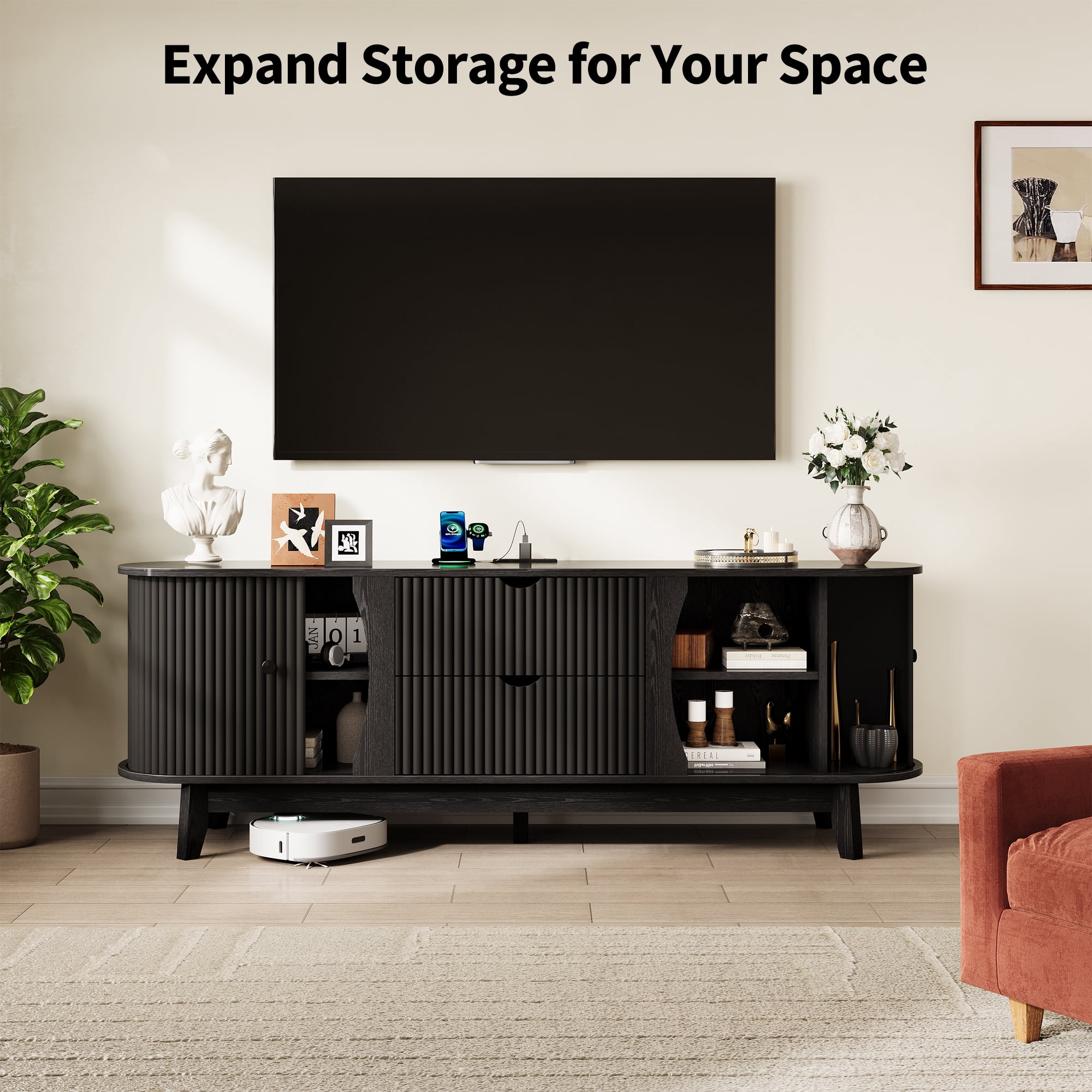 Garvee 63" Fluted TV Stand for TVs Up to 70 Inch, Modern Entertainment Center with Power Outlet, 2 Drawers, Side Cabinets with Adjustable Shelves, Curved Media Console Table for Living Room, Black