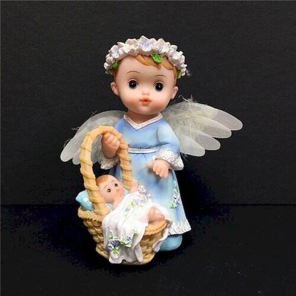 Blue Cherub avec Ailes en Fibre Optique Tenant une Figurine de Bébé