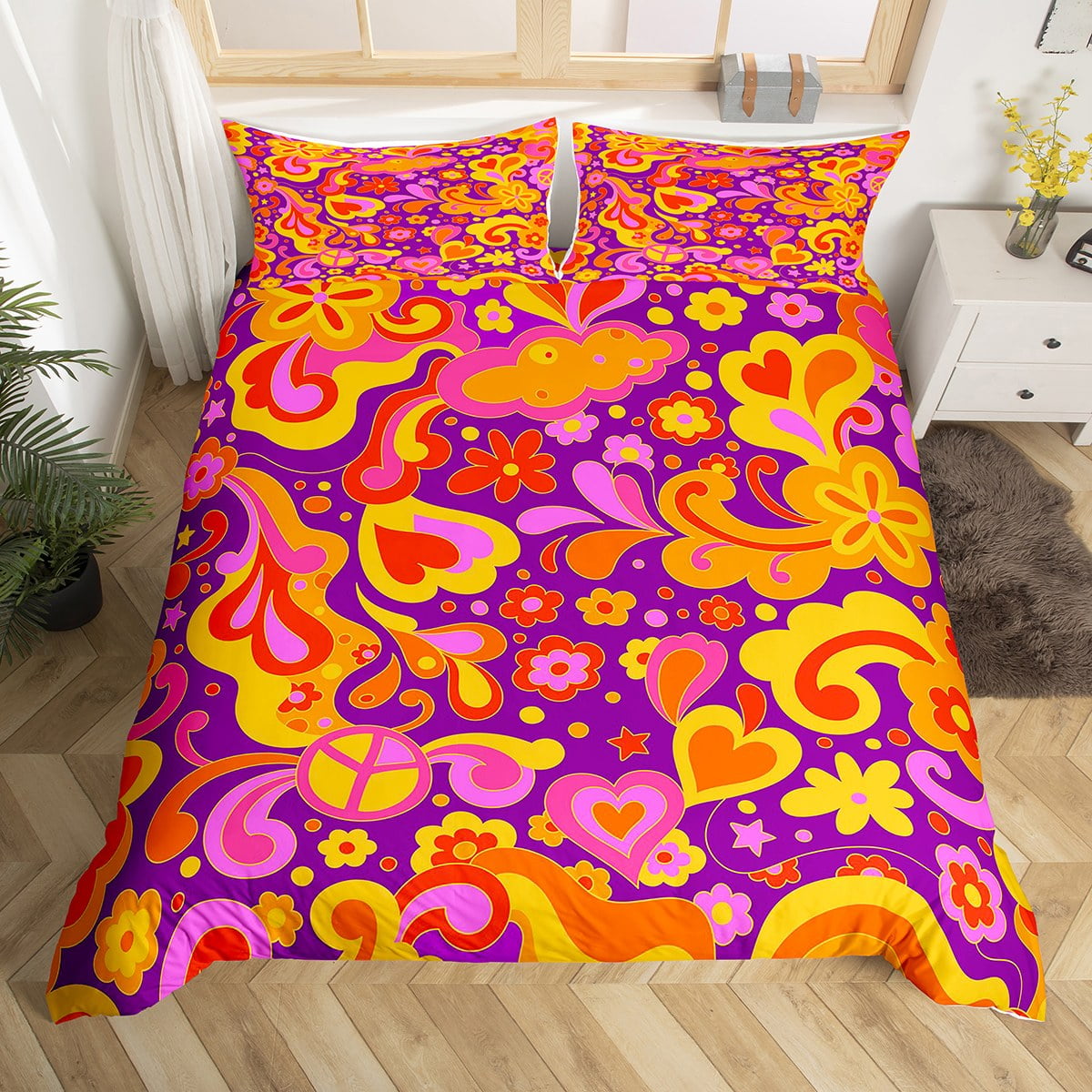 YST 1960's 1970's Duvet Cover for Girls,Disco Hippie Indie Flower