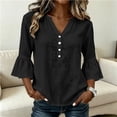 thumbnail image 4 of hoksml Women's V Neck Partial Button 3/4 Bell Sleeve Blouse, Curved Hem Linen Texture Casual Tunic Top for Office Daily Wear, 4 of 8