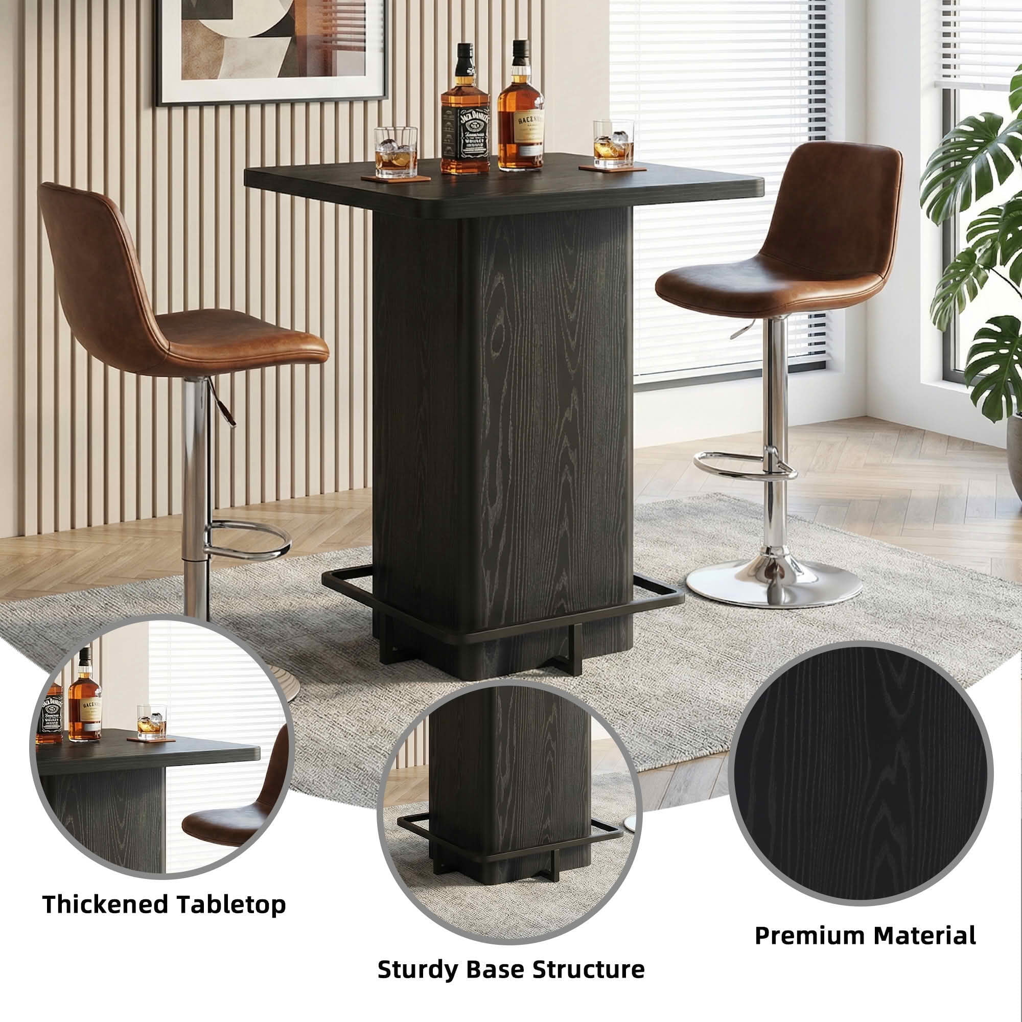 MAYEERTY 31.5" Minimalist Square Bar Table, Dark Wood-Grain MDF Top with Sturdy Pedestal & Metal Footrest, Compact 2-4 Person Home Pub Table