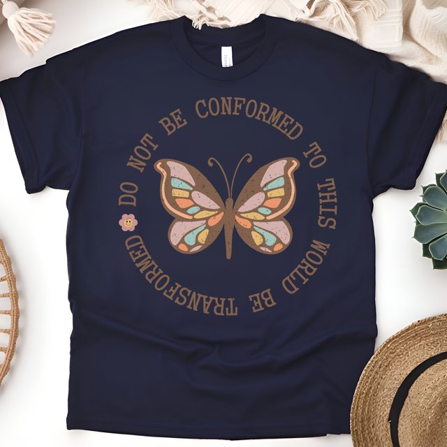 Do Not Be Conformed Bible Verse Butterfly T-Shirt, Navy, Size 2XL