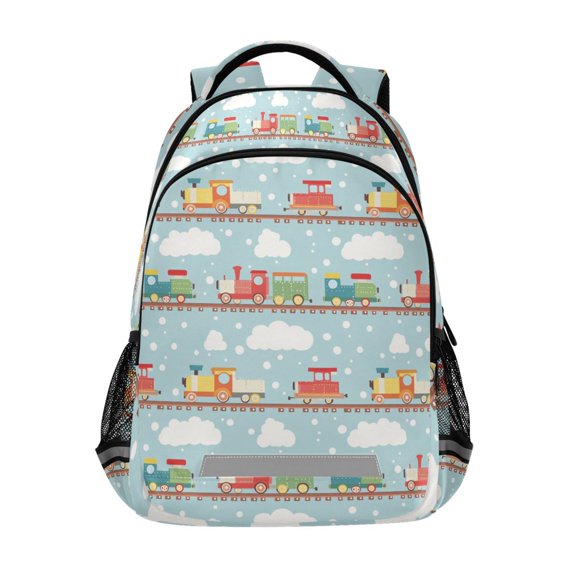 FORMRS Kids School Backpack Elementary Student Unisex Travel Bookbag with Reflective Stripes, Red Trains Pattern