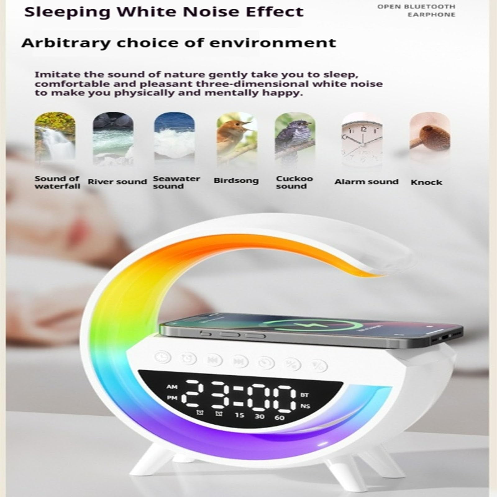 HPZZ LED Wireless Speaker Charger, Atmosphere Bedside Light with Wireless Charging Station,Music Lit Lamp 4 in 1 Alarm Clock Gifts Idea for Family(2301)