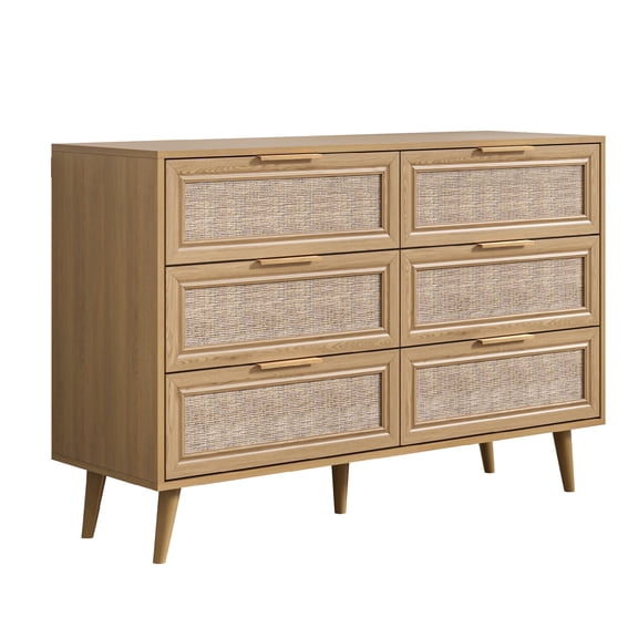 Polihome Mid-Century Rattan 6 Drawer Dresser, 47"W Wooden Dressers & Chest with Storage for Bedroom/Living Room/Entry Way