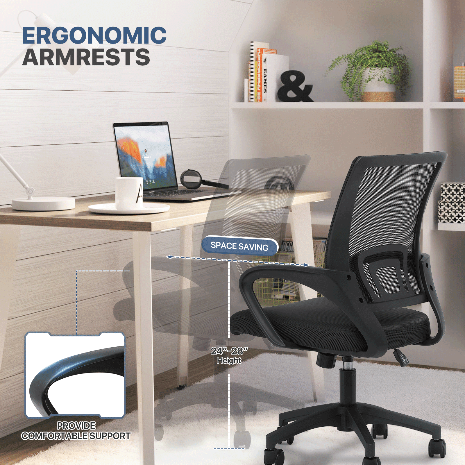 MoNiBloom Office Chair Mid Back Swivel Lumbar Support Desk Chair, Height Adjustable Ergonomic Mesh Computer Chair with Armrest, Black