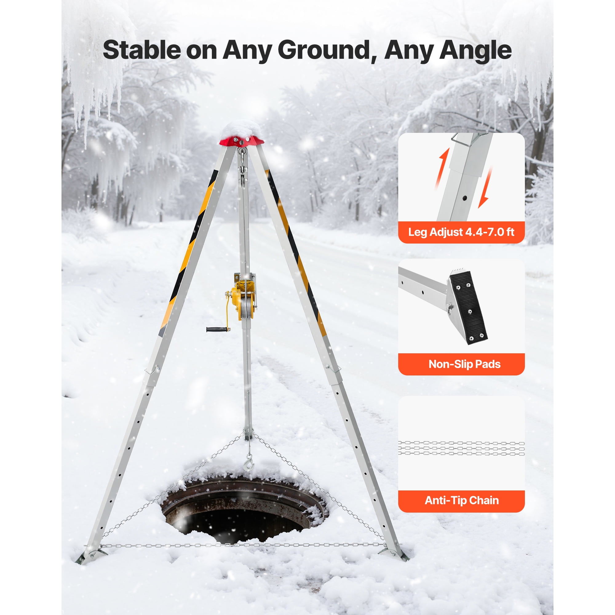 KFFKFF Confined Space Tripod Kit with Adjustable Legs, 1200 lbs Lifting Capacity, 65 ft Cable, 32.8 ft Fall Protection, 4.40-7.05 ft Working Height, Portable Design