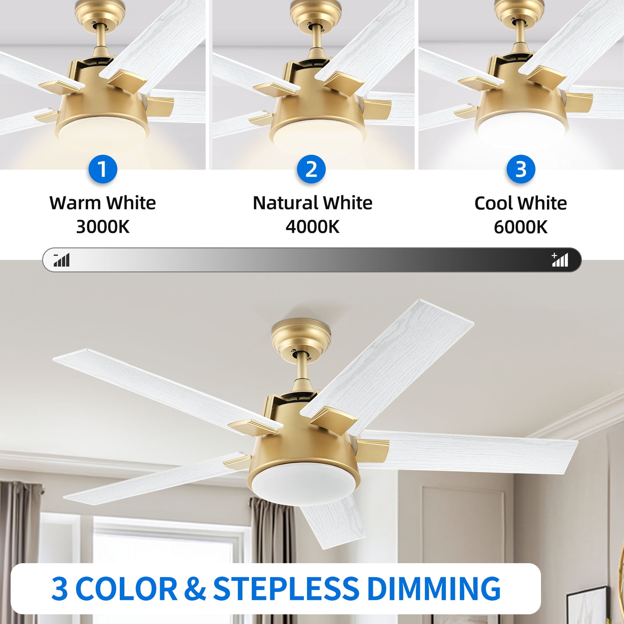 Dextrus 52in Modern Ceiling Fan with Light, Quiet Reversible Motor, 6-Speed, 5 Blades for Bedroom Living Room Patio - Gold & White