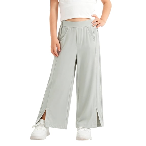 dazeni Girls Wide Leg Sweatpants Pockets Side Split Quick Dry Athletic High Waisted Baggy Causal Trousers Lightweight Outdoor Camping Green 11 Years