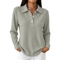 thumbnail image 3 of Golf Polo Shirts for Women Long Sleeve Trendy Button Down Waffle Textured Top Dressy Fashion Solid Color Fall Tops,M,Gray, 3 of 8