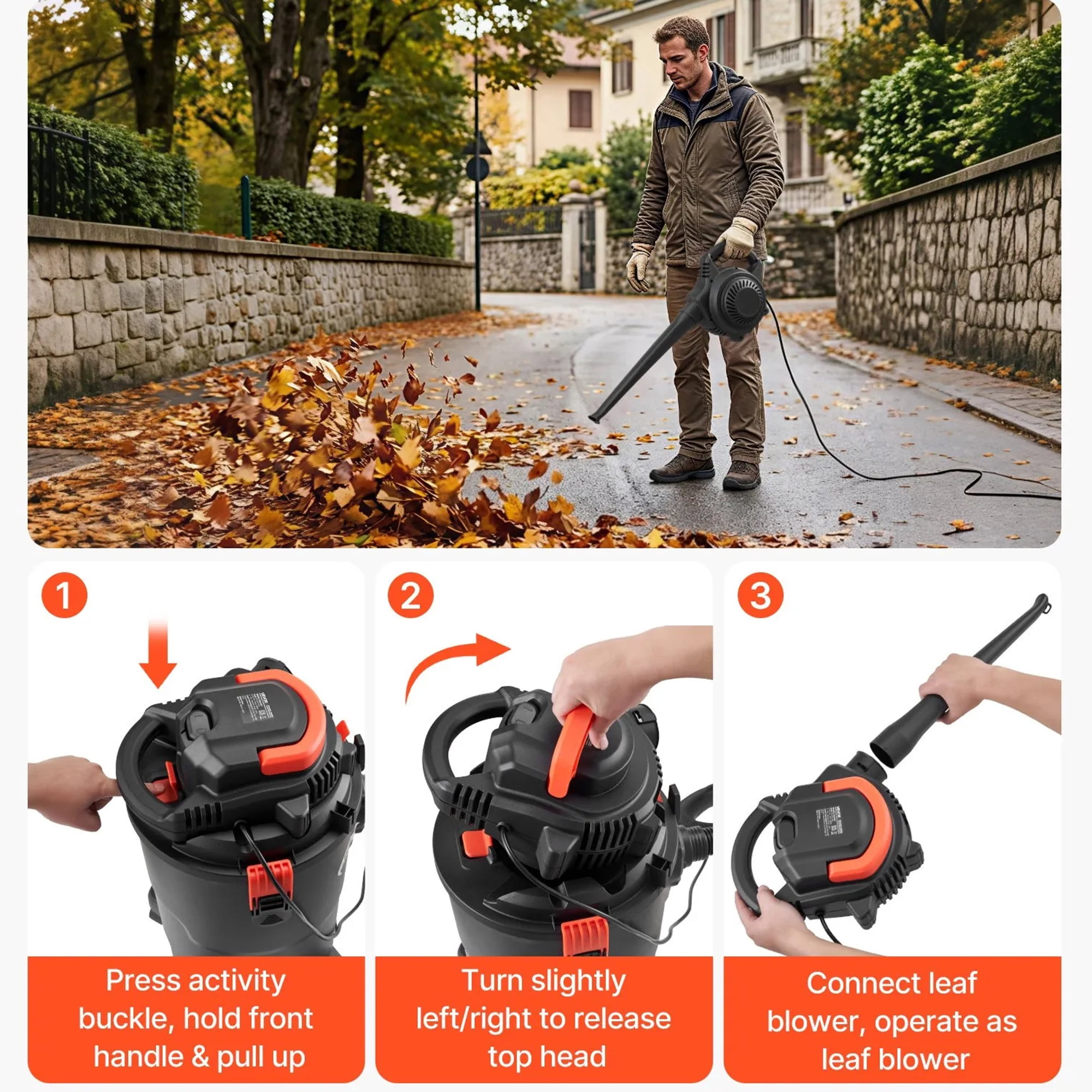 3-in-1 Shop Vac, 11 Gallon Wet Dry Shop Vacuum, 4.5 Peak HP Portable Vacuum Cleaner with Blower, Dual-Filter, 1350W Input Power, 1.25in x 7ft Hose, 9.8ft Cord for Jobsite, Workshop, Garage, Home