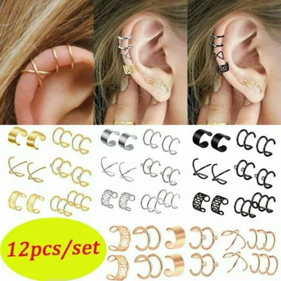 K-KED 12 Pcs Men Women Ear Cuff Wrap Earrings Set No Piercing Clip Cartilage Ear Clips-12PCS/SET - Rose Gold