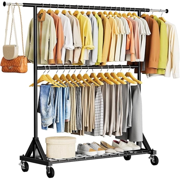 Heavy Duty Clothes Rack Load 600 LBS, Double Rod Clothing Rack, Rolling Garment Racks with Lockable Wheels, Shelves, Adjustable Laundry Hanging Racks for Clothes