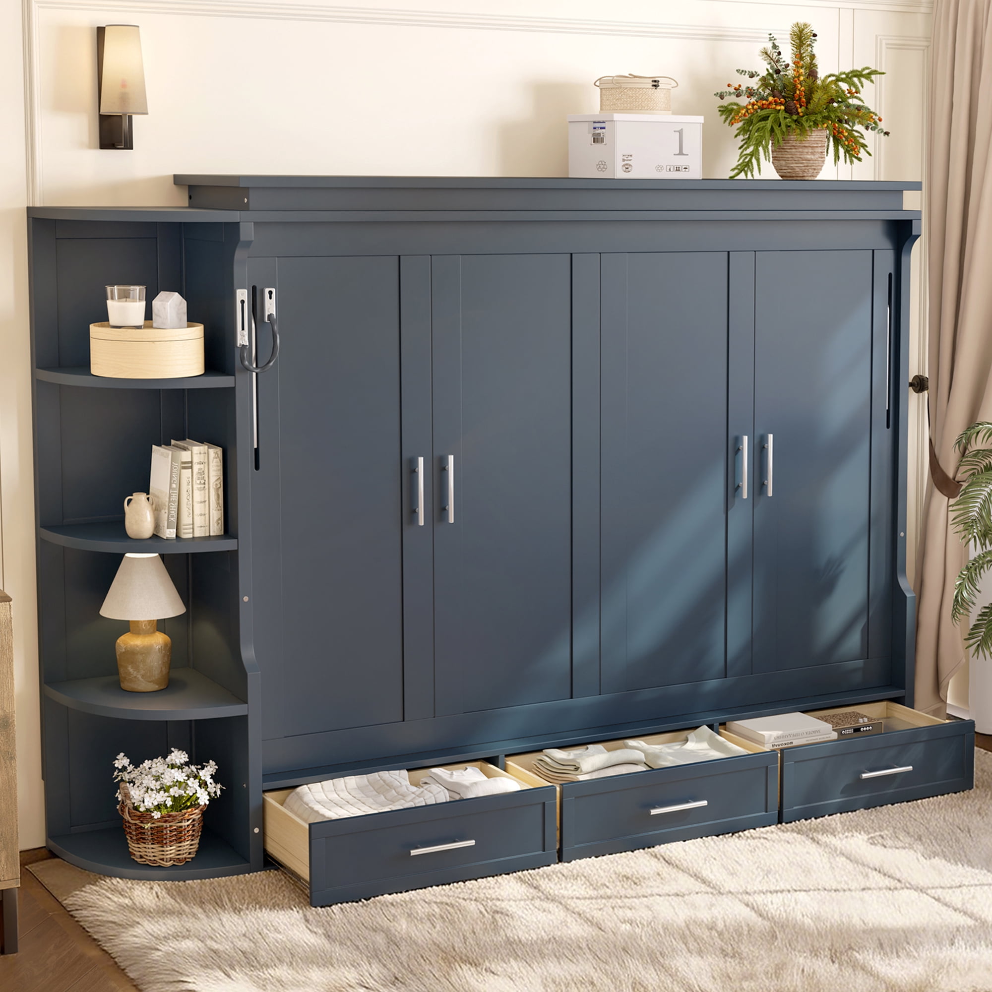 Mintazer Full Murphy Bed with Side Cabinets & 3 Drawers, Wall Foldable Bed with Storage for Bedroom Guest Room Home Office, Blue