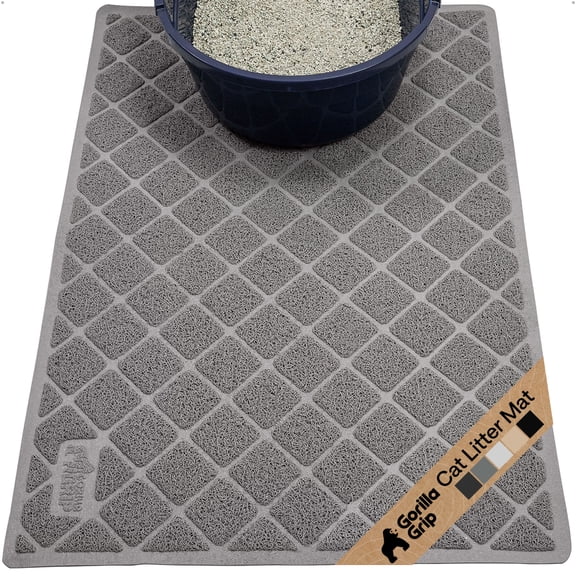 GORILLA GRIP Cat Litter Box Mat, 35x23, Water Resistant Kitty Litter Trapping Mat, Textured Backing, Easy to Clean, Less Waste and Clean Floors, Kitten Supplies for Indoor Cats, Soft on Paws, Gray