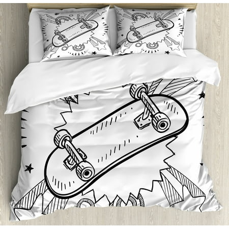Doodle Duvet Cover Set Sketch Of A Skateboard With Sixties And