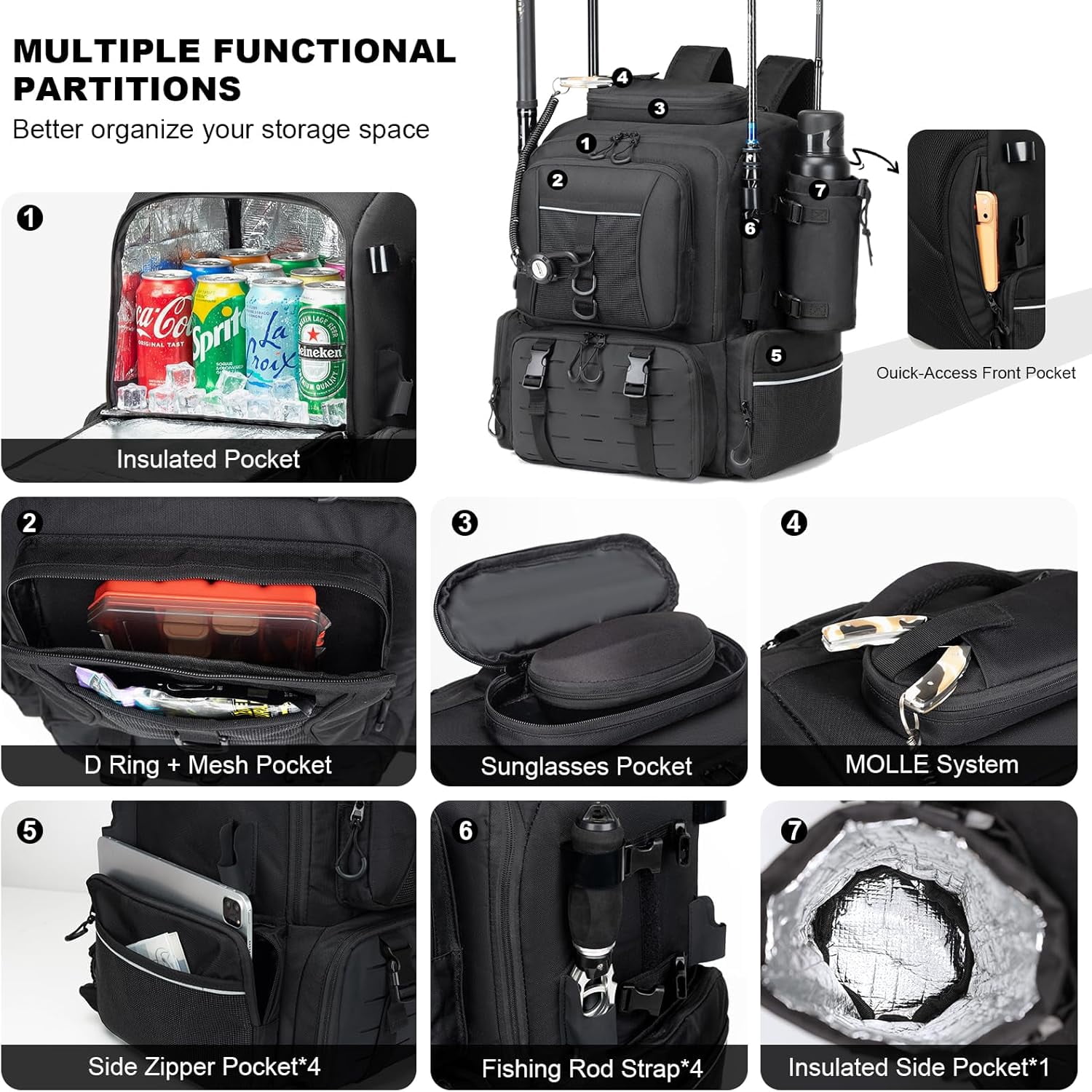 WANOON Fishing Backpack 45L Waterproof with Insulated Bait Pocket & 4 Rod Holders for Outdoor Adventures