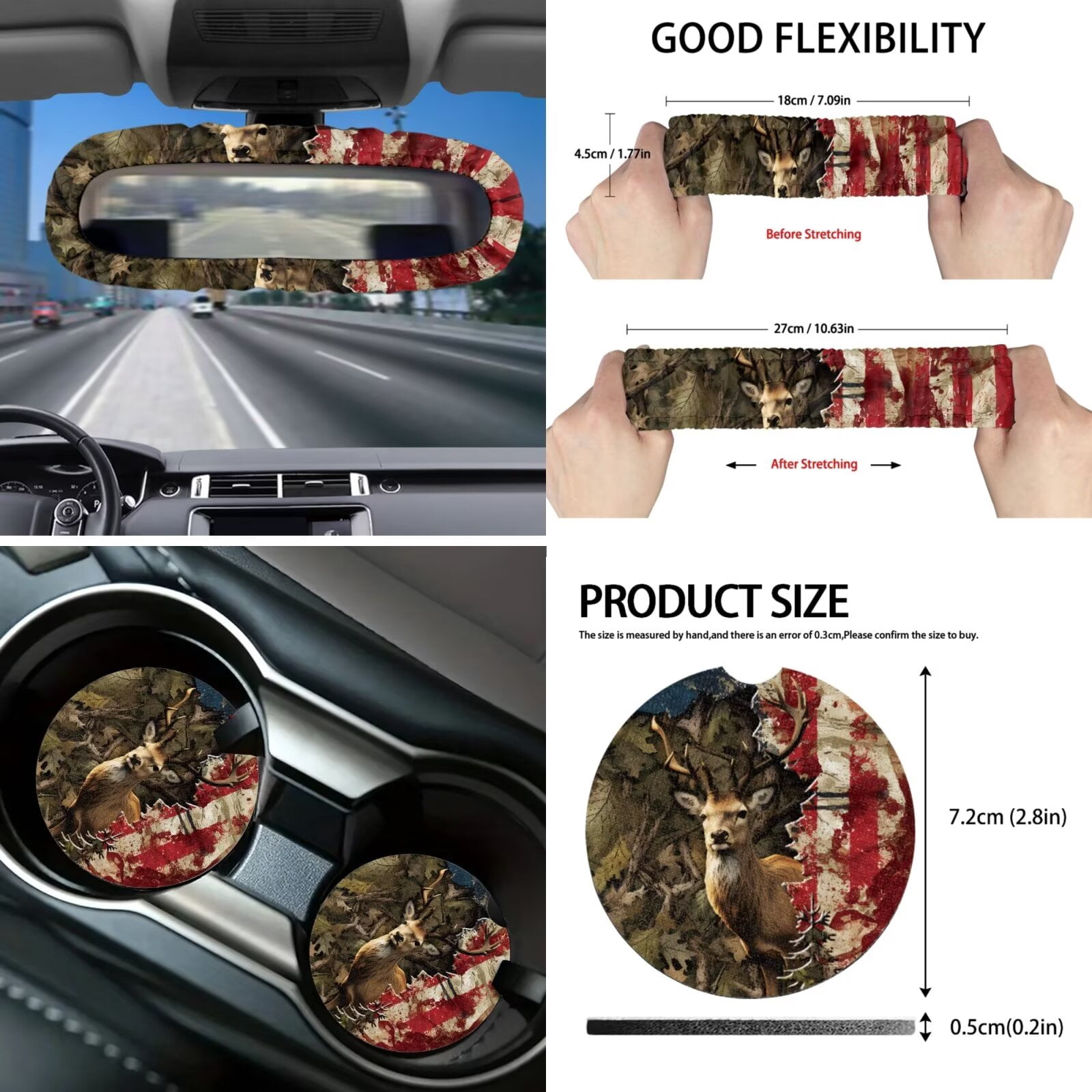 Garronmavis American Flag Forest Deer Car Seat Cover Full Set 16 Pieces Belt Pads Cover Keychain Holder Gear Shifting Knob Cup Mats
