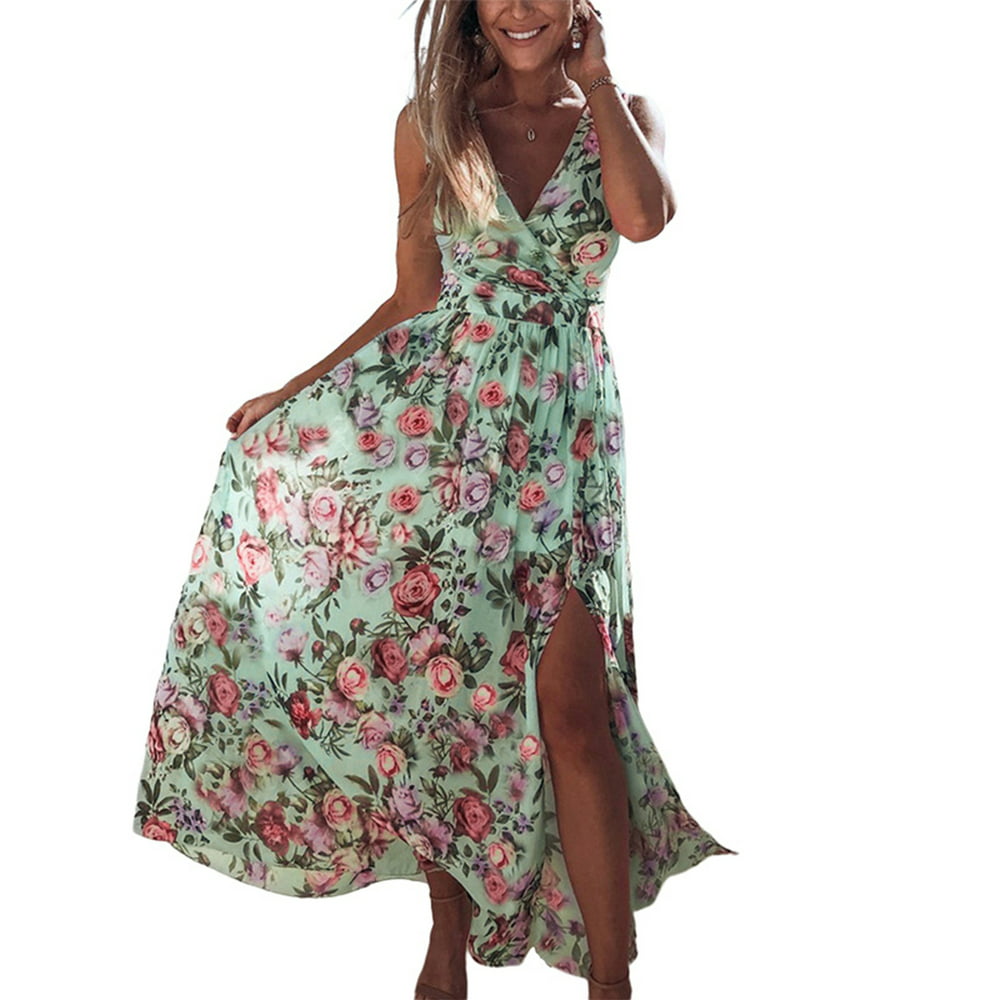 UKAP - UKAP Women Sleeveless Wrap Boho Floral Maxi Dress Ladies Summer ...
