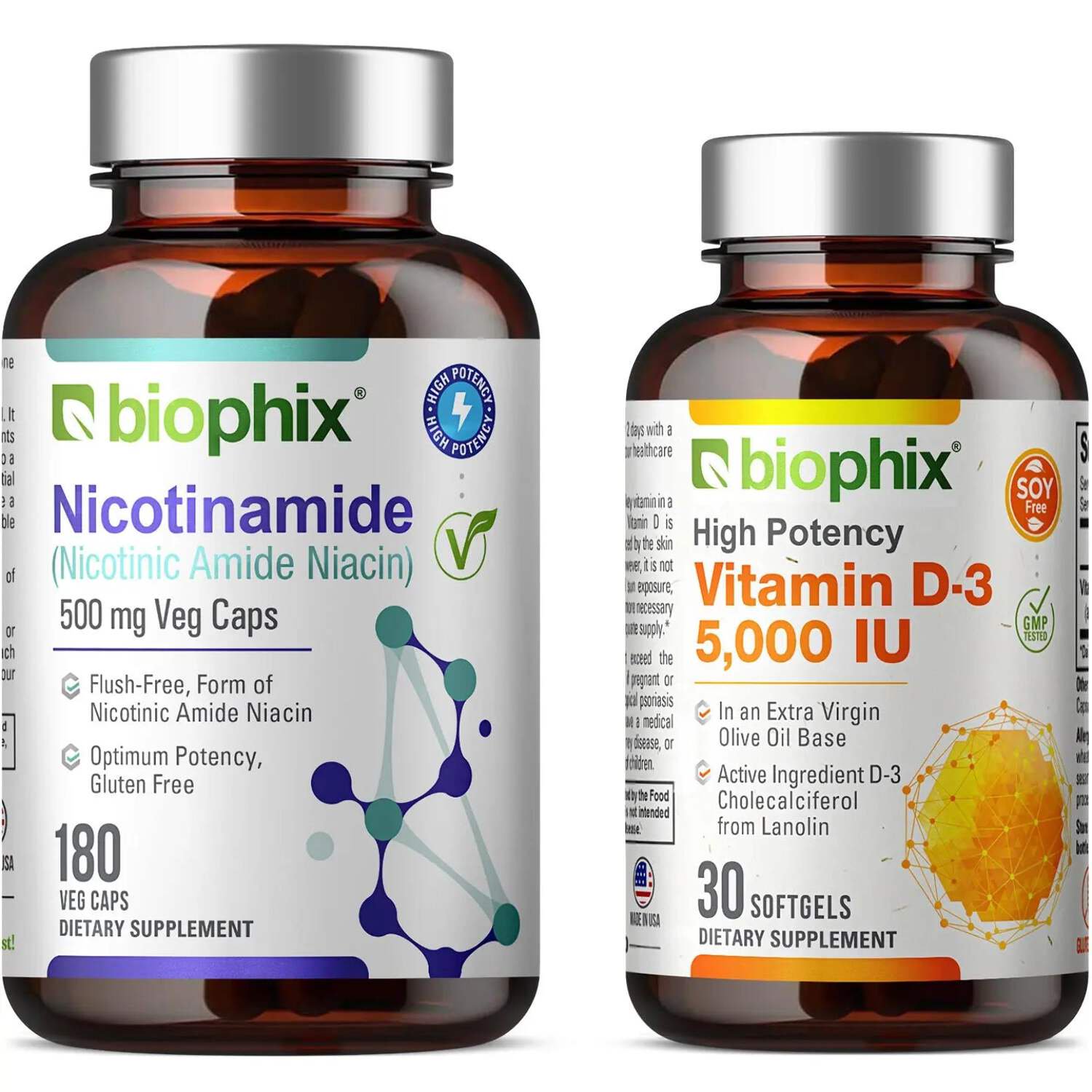 biophix B-3 Nicotinamide 500 mg 180 Vcaps Plus Free Vitamin D-3 5000 IU 30 Softgels - Nicotinic Amide Niacin Natural Flush-Free Vitamin Formula - Supports Skin Cell Health