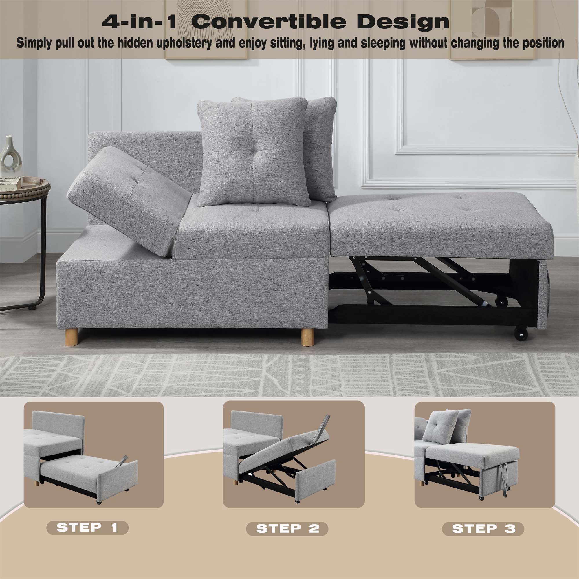 Aukfa Folding Futon Sofa Bed Chair, Convertible Chair Bed with 2 Pillows for Living Room Apartment - Light Gray