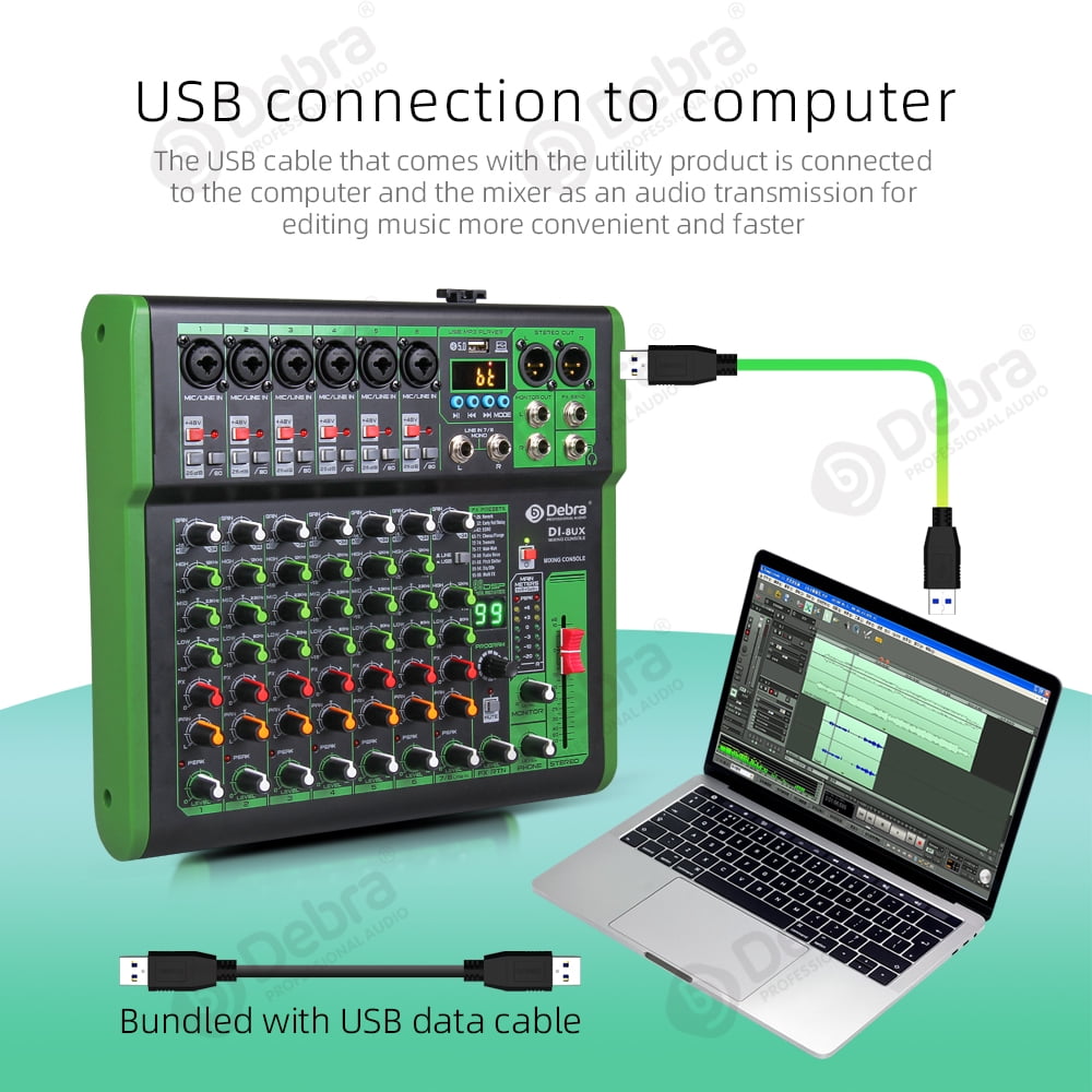D Debra DI-UX Series Professional Portable Recording Mixer Audio with 99 DSP Digital Effects and USB for DJ Mixer Console Karaoke Home Recording Studio (DI-8UX 8 channels)