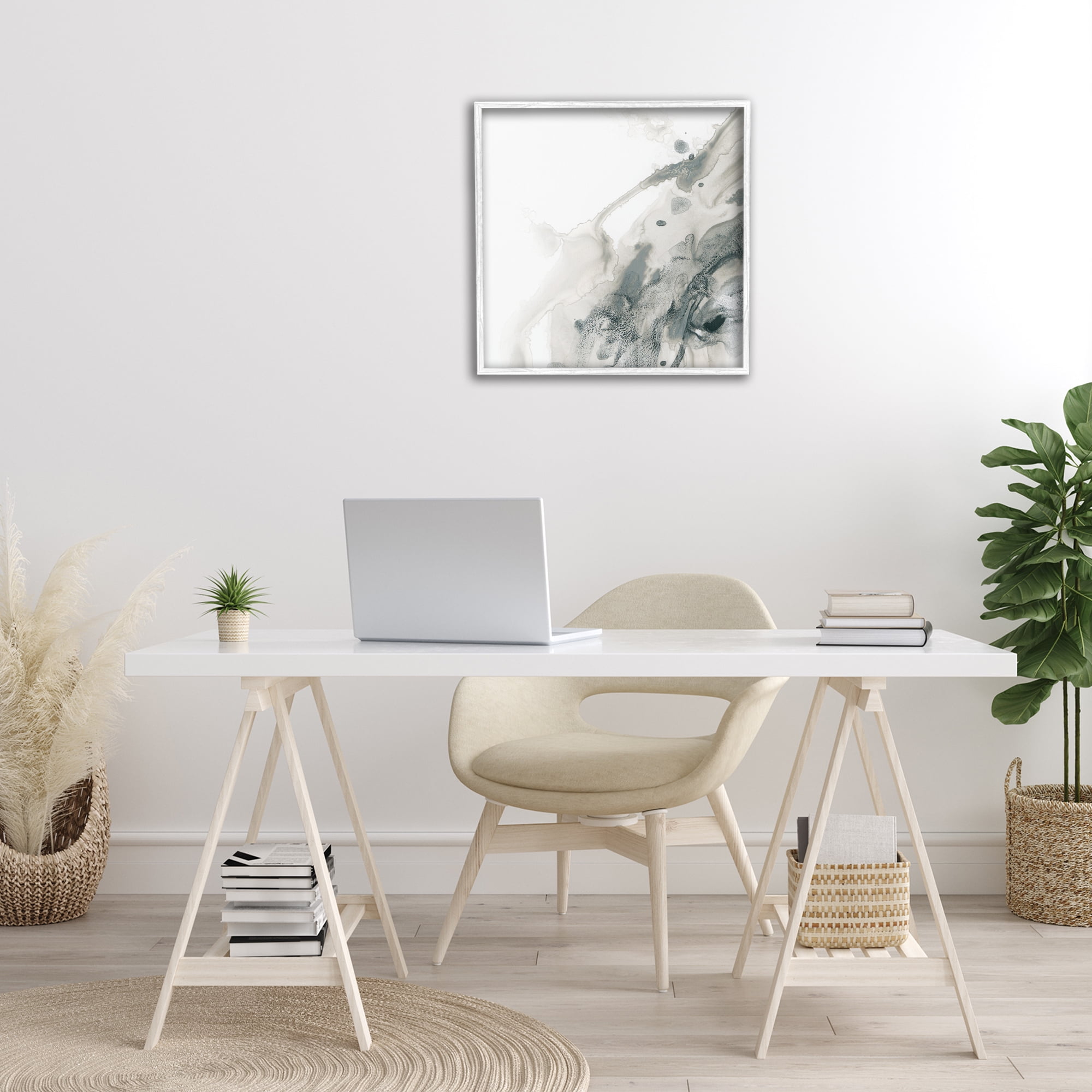 Stupell Industries Grey Splash on White Abstract Painting White Framed Art Print Wall Art, 24 x 24