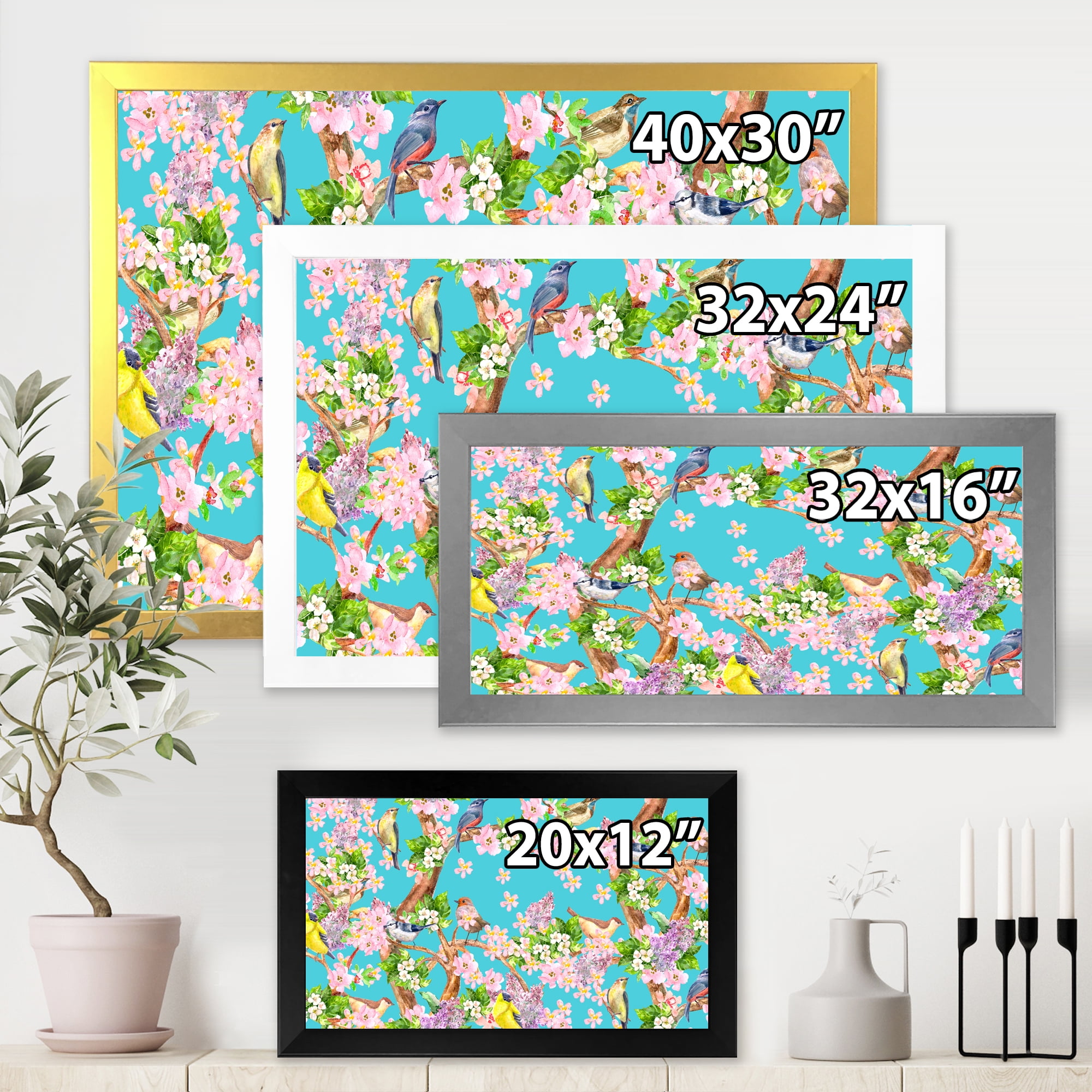 Little Birds Sitting On Spring Flow Tree 40 in x 30 in Framed Painting Canvas Art Print, by Designart