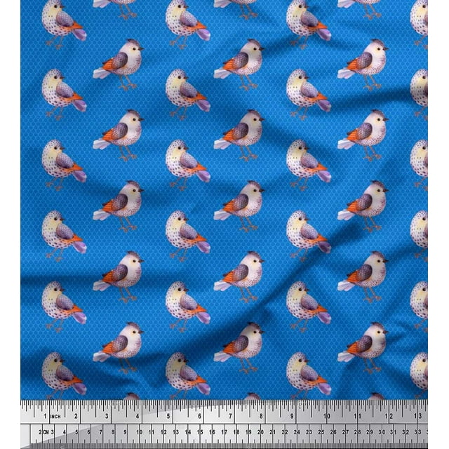 Soimoi Blue Georgette Viscose Fabric Geometric Scale & American Robin Bird Print Sewing Fabric BTY 42 Inch Wide