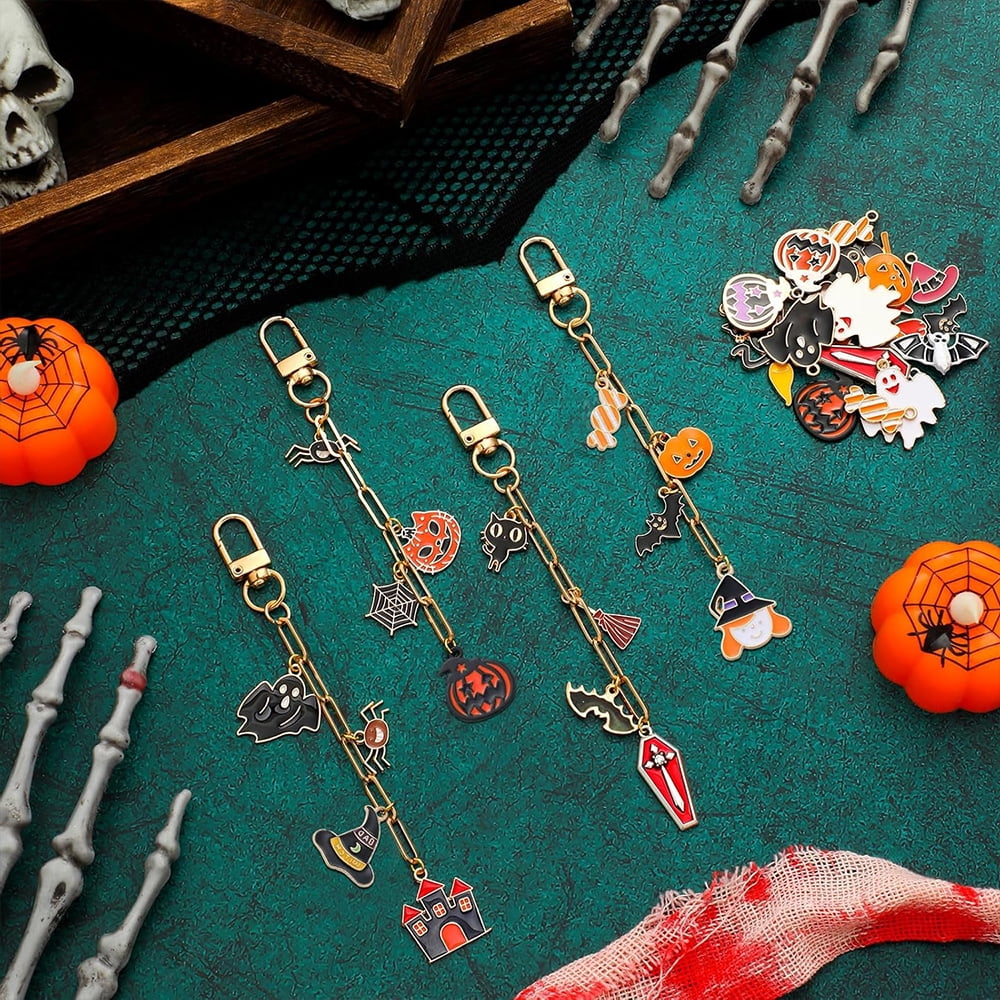 Januofit 286 Pieces Halloween Charms Keychain Making Kit Halloween Ghost Black Cat Bat Witch Hat Charms for DIY Carfts Keychains Jewelry Making Adult Party Favor Women Bag Gifts