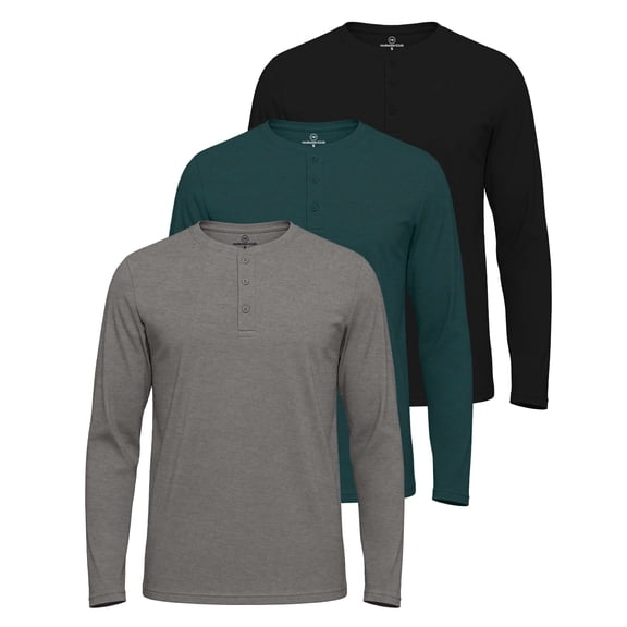 Real Essentials 3 Pack: Men's Cotton Long Sleeve Henley T-Shirt - Casual Work Activewear Tee (Available In Big & Tall)