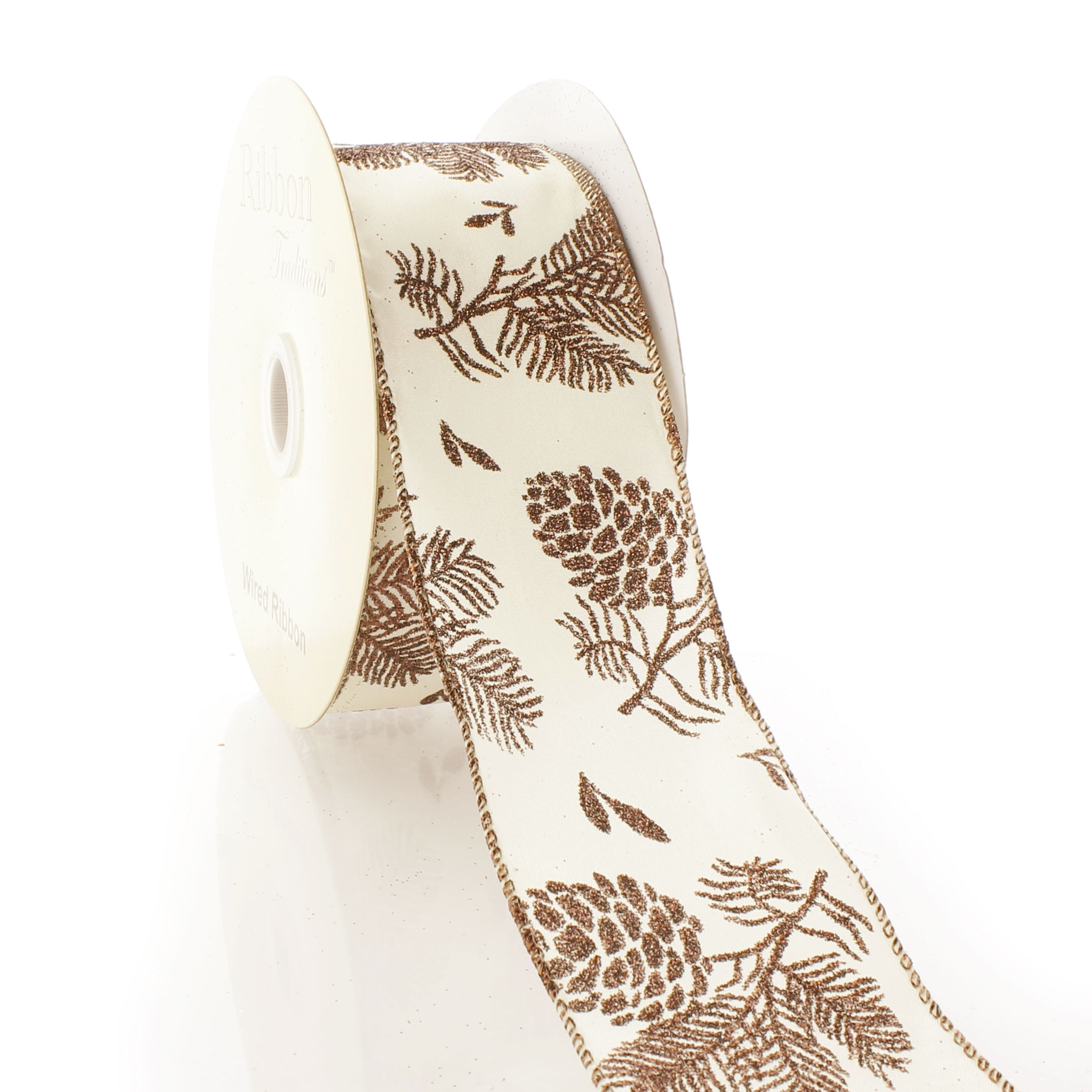 Ribbon Traditions Brown Glitter Pinecone Wired Ribbon 2 1/2" by 25 Yards