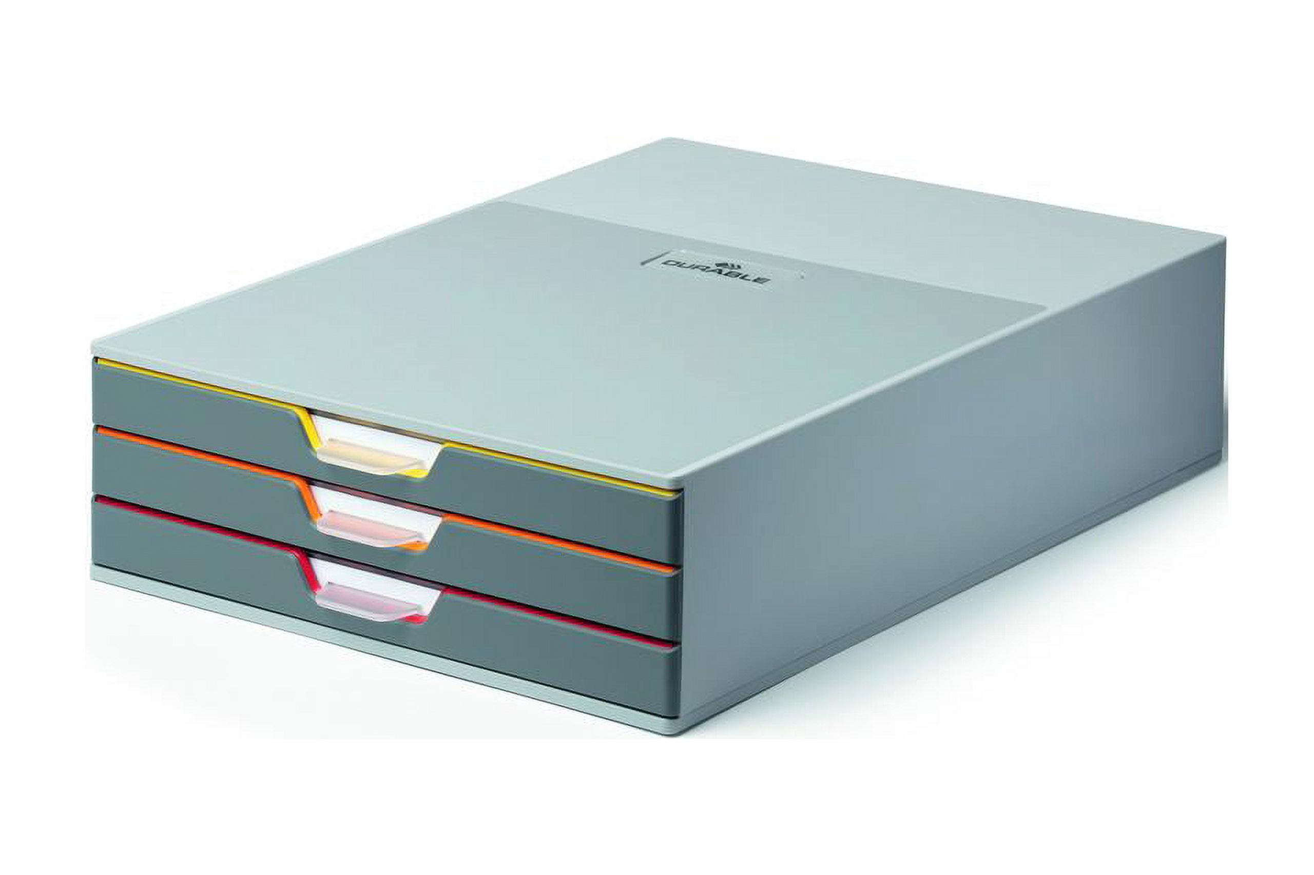 DURABLE Desktop Drawer Organizer (VARICOLOR 3 Compartments with Removable Labels) 14" x 11" x 3.8" (LxWxH) h, Gray & Multicolored (760327)