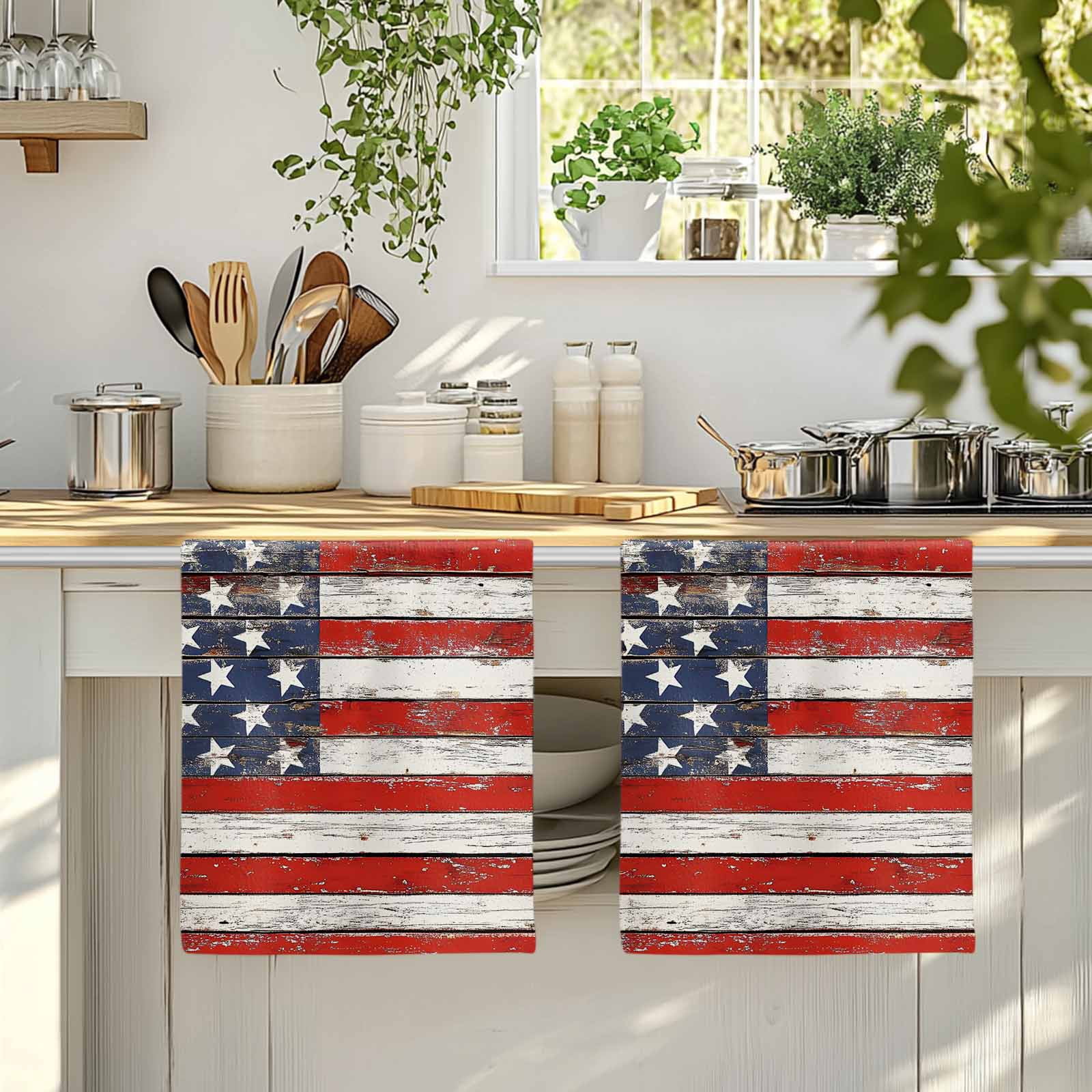 American Flag Kitchen Towels Set of 2, Red Blue Star Stripes Rustic Farmhouse Wood Absorbent Dish Towels for Kitchen, Microfiber Hand Towel, Quick Drying Tea Towel for Cleaning Decorative Dishcloths