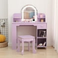 thumbnail image 2 of Juiluna Kids Vanity with Lighted Mirror & Stool, Little Girls Vanity with Adjustable LED Light, Bookshelf, Storage Drawer & Shelves for Girls 3-9, White/Pink/Purple, 2 of 7