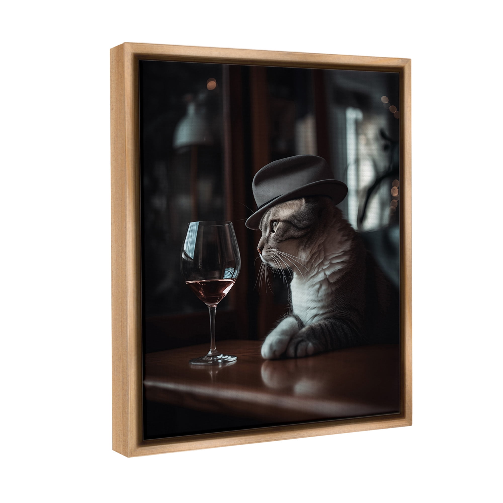 Stupell Industries Classy Cat at Bar Animals & Insects Painting Brown Floater Framed Canvas Art Print Wall Art, 17 x 21