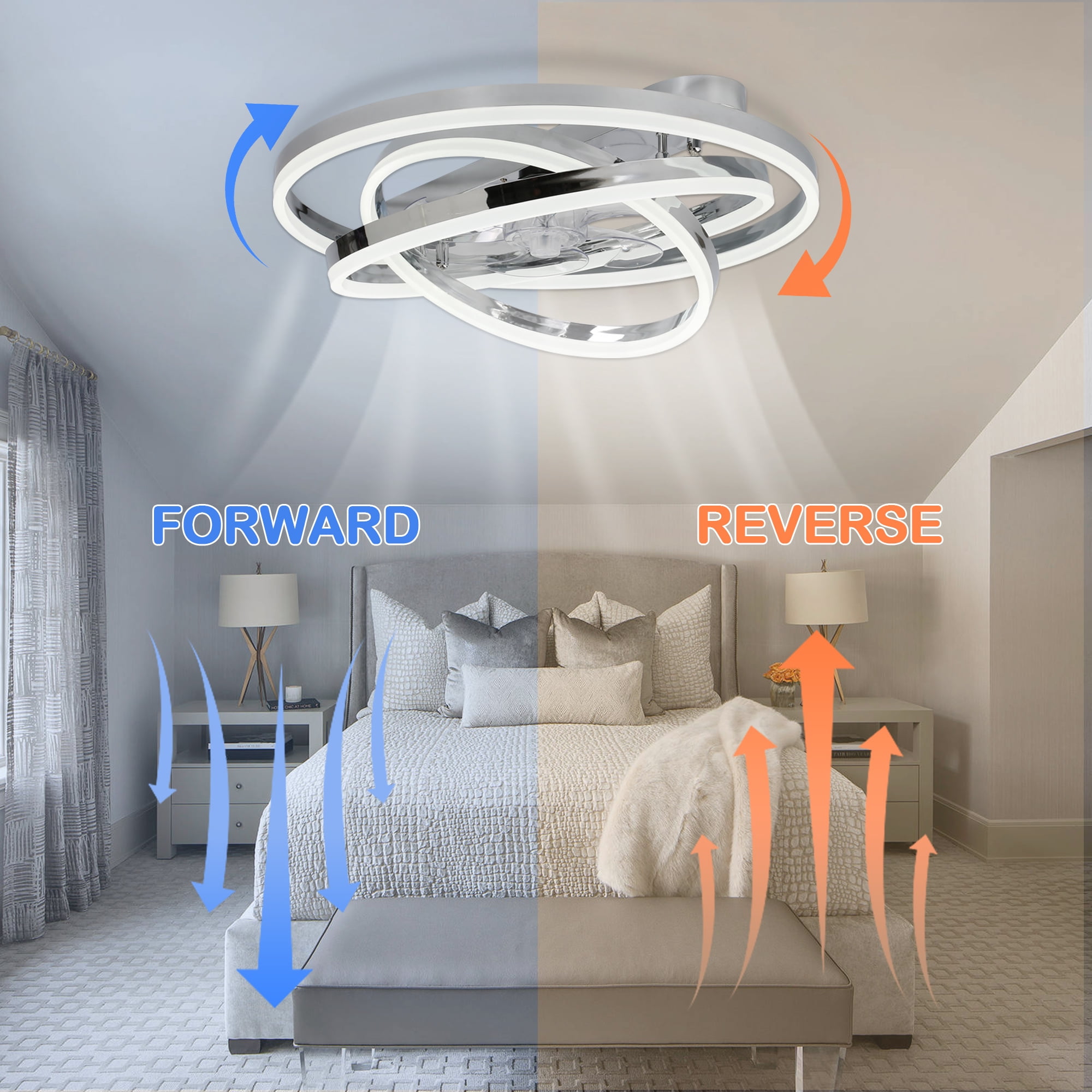 24Inch Silver Indoor Reversible Ceiling Fan with Dimmable LED Light, 6-Speed DIY Shade with Remote and APP Control