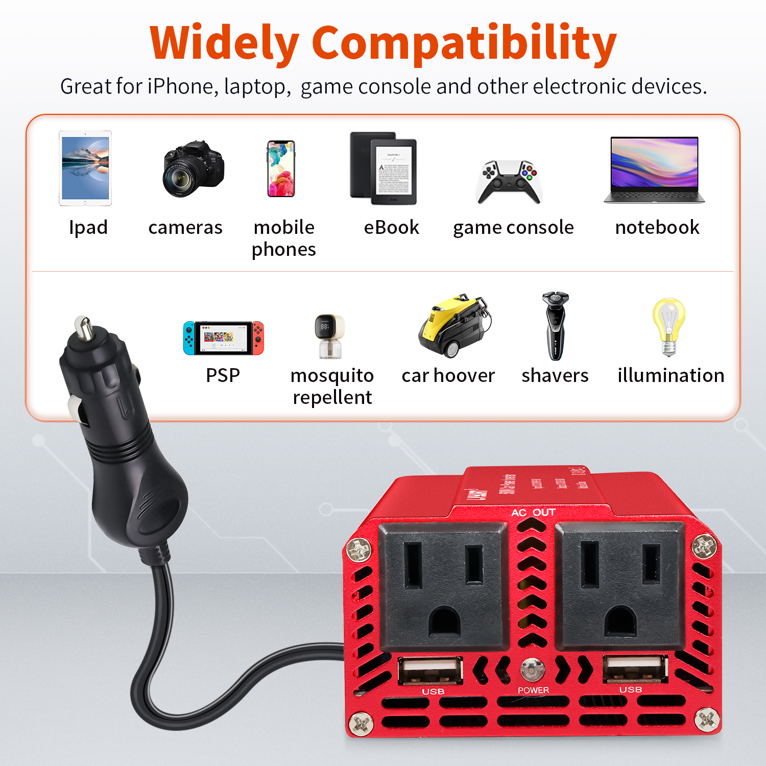EFFORTWAY 500 Watts Power Inverter Car Converter DC 12V to AC 110V 120V Adapter Battery Charger for Car 2AC 2USB Red