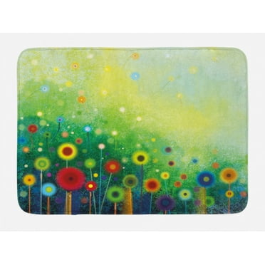 Flower Bath Mat, Abstractly Shaped Retro Round Seasonal Blooms Floret Petal Cloudy Botany Scenery Print, Non-Slip Plush Mat Bathroom Kitchen Laundry Room Decor, 29.5 X 17.5 Inches, Green, Ambesonne