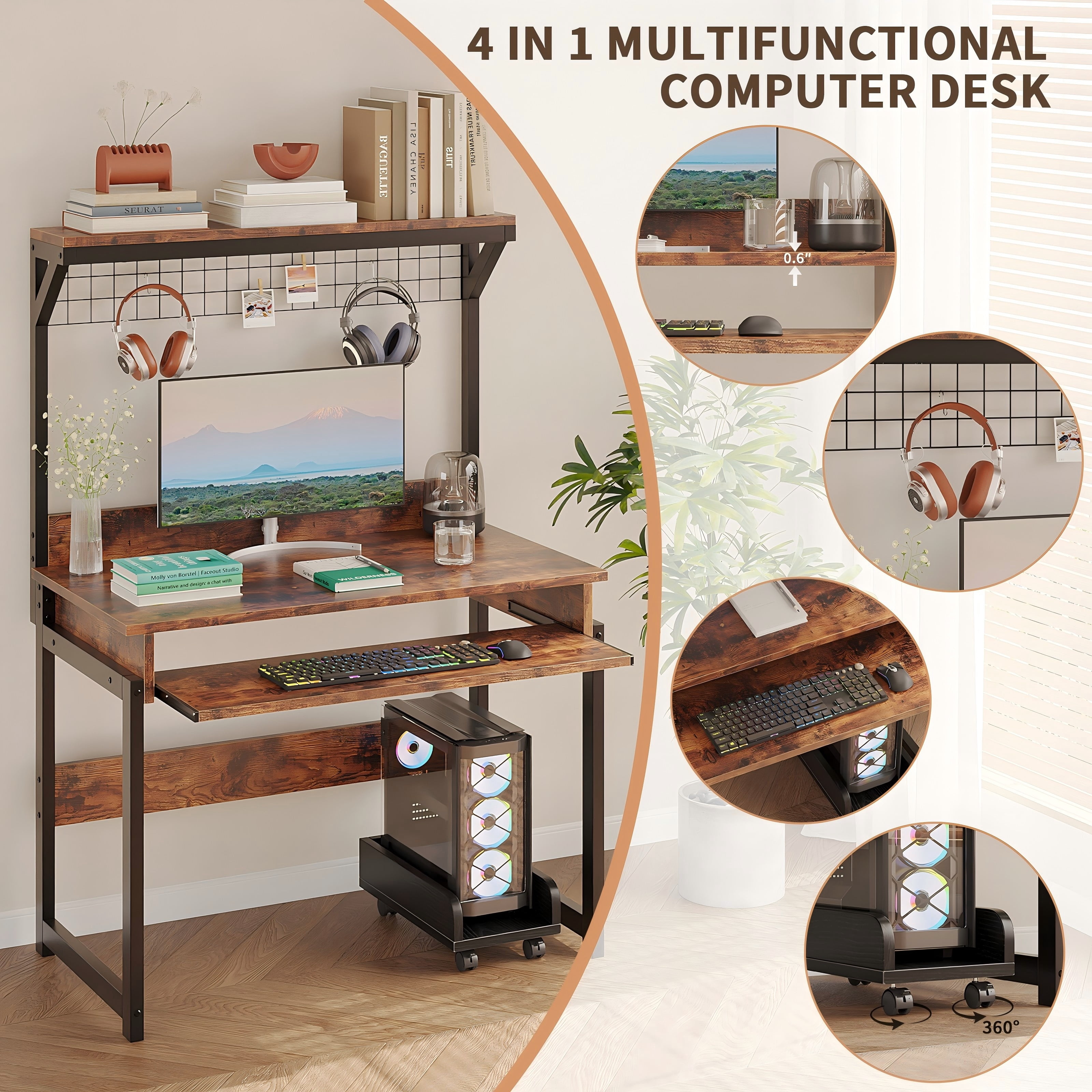 NEWSENDY Industrial Style Multi-tier Standing Computer Desk with Keyboard Tray & Storage Shelves, Sturdy Home Office Workstation for Adults